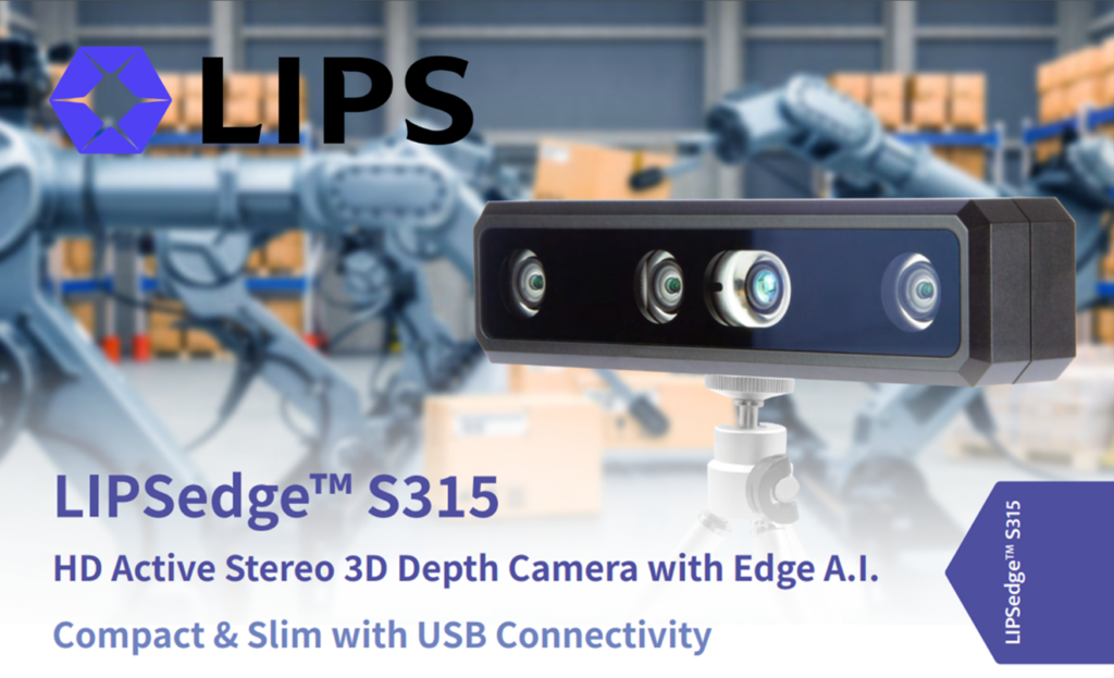 LIPSedge S315 HD active stereo 3D depth camera with edge AI technology featuring compact slim design USB connectivity four-lens configuration displayed in industrial robotics automation warehouse environment for computer vision machine learning applications and robotic guidance systems
