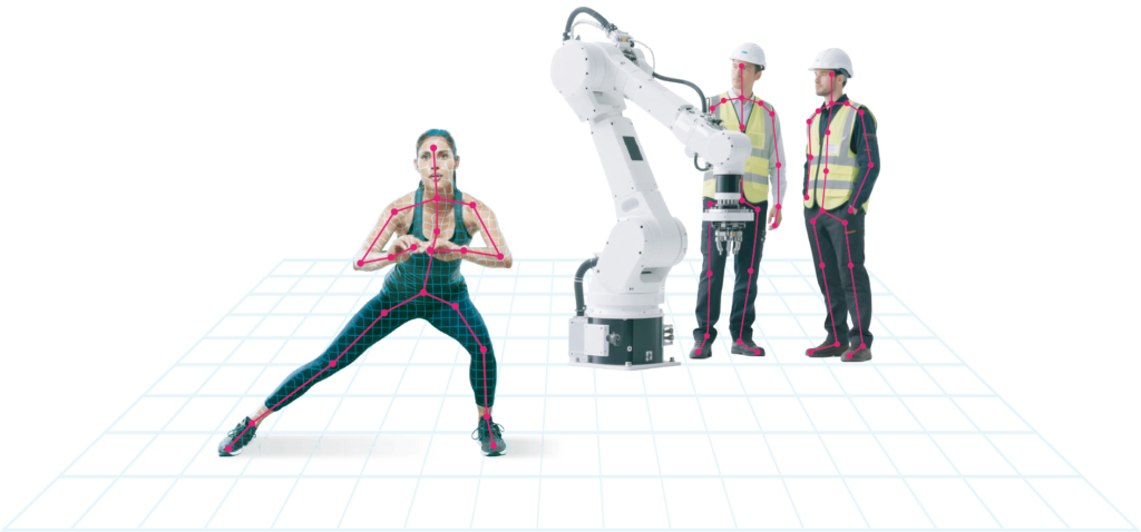 Digital human body pose detection with industrial robotic arm and construction workers wearing safety helmets on grid background for AI motion capture technology workplace automation and human-robot collaboration in manufacturing industry