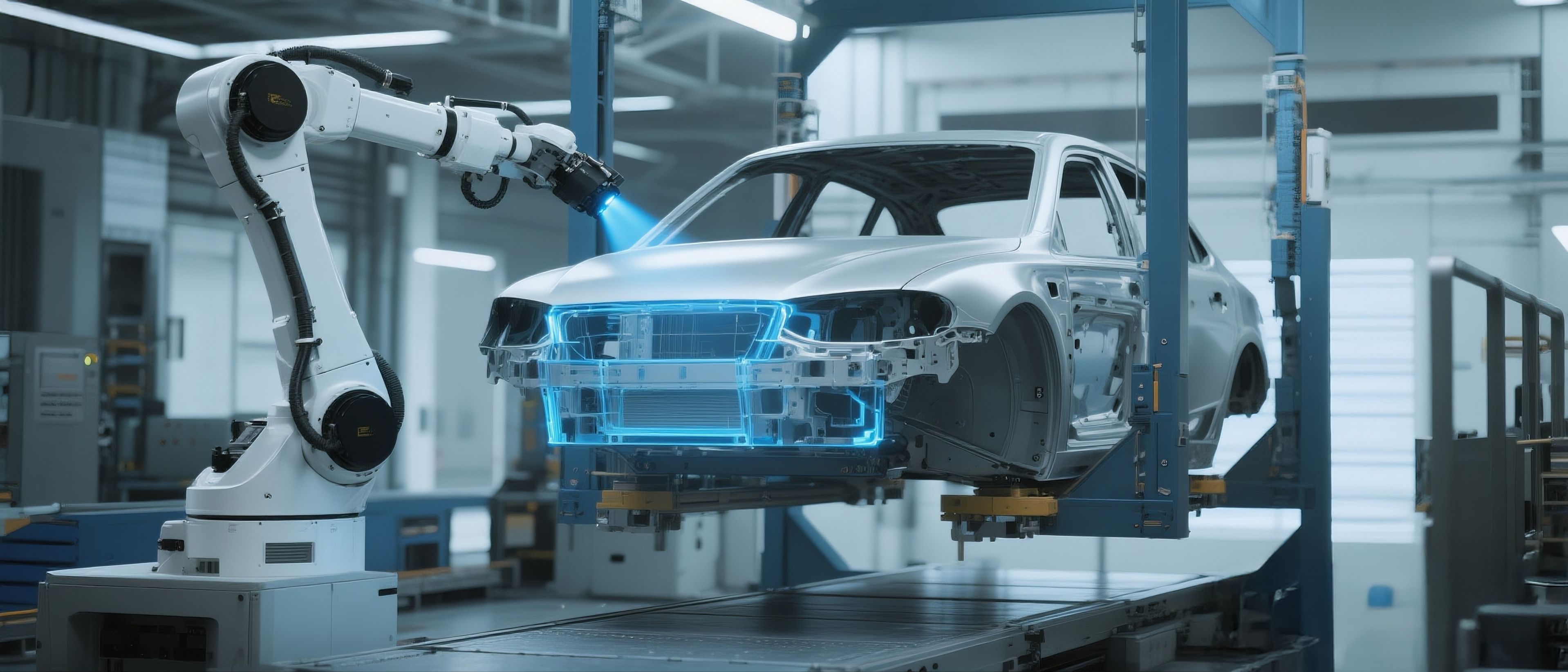 Industrial robotic arm performing 3D inspection and quality control scanning on white sedan vehicle with blue holographic overlay technology in modern automotive manufacturing facility, featuring automated quality assurance systems, precision measurement technology, and smart factory production line operations