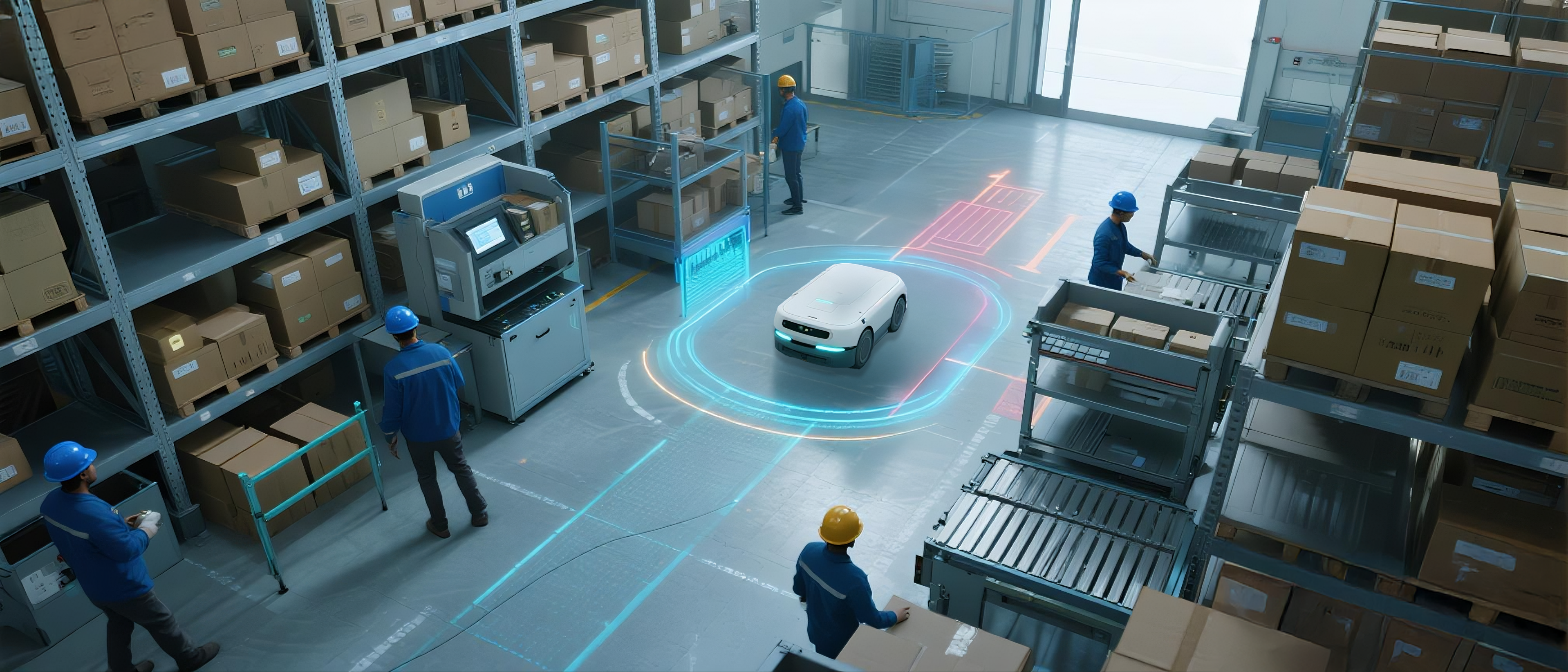 Autonomous mobile robot with blue circular sensor detection field navigating modern warehouse facility with workers in safety gear, featuring automated logistics technology, inventory management system, and smart warehouse operations for industrial automation and supply chain efficiency
