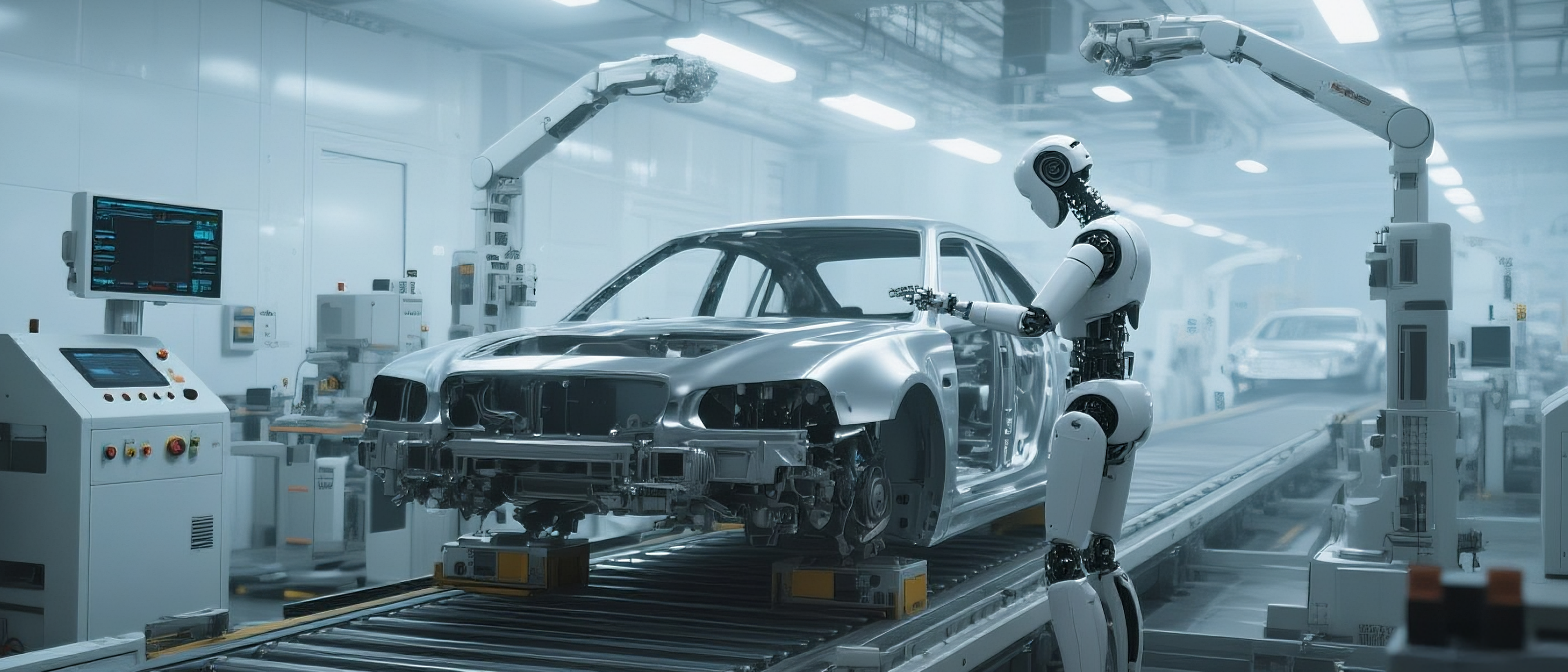 Advanced humanoid robot performing precision automotive assembly tasks on silver sedan in high-tech manufacturing facility with overhead robotic arms, industrial control systems, digital monitoring displays, and clean room environment showcasing next-generation AI robotics, automated vehicle production, smart factory technology, and Industry 4.0 manufacturing processes for modern automotive assembly line operations
