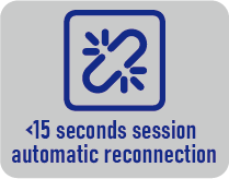 Blue connectivity icon with automatic reconnection feature displaying "15 seconds session automatic reconnection" text for network management system interface, featuring signal transmission symbol design for software application user experience and system reliability notification in technology interface documentation