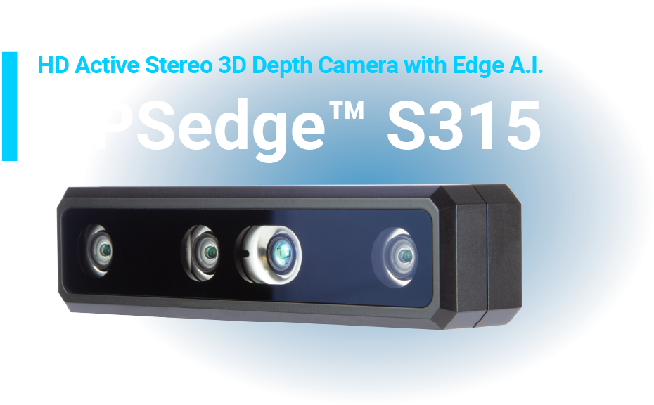 LIPSedge S315 HD Active Stereo 3D Depth Camera with Edge AI featuring four-lens array system in sleek black housing for computer vision applications, depth sensing technology, and artificial intelligence processing in professional imaging equipment product showcase