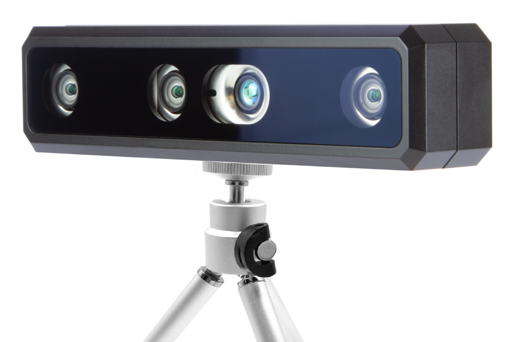 Professional quad-camera stereo vision system with four high-precision optical sensors featuring multi-coated lenses and LED illumination in industrial-grade aluminum housing mounted on adjustable tripod for 3D scanning, depth mapping, photogrammetry, and computer vision applications