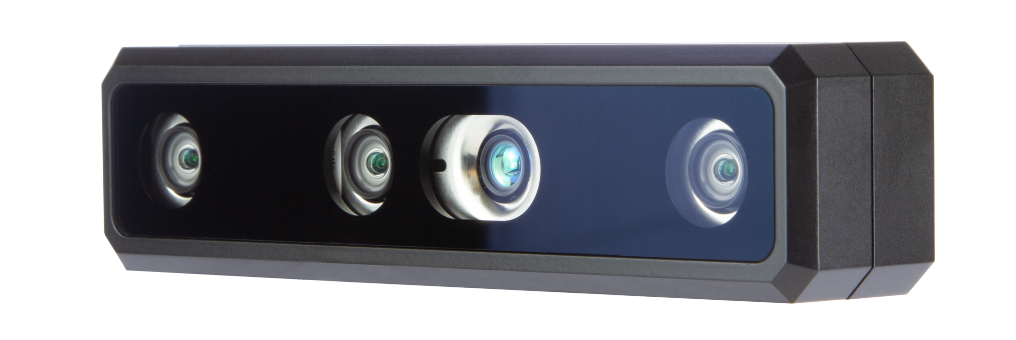 Professional 3D stereo vision camera system featuring four precision optical sensors with blue-coated lenses in sleek metallic housing for industrial computer vision, depth sensing, and automated inspection applications