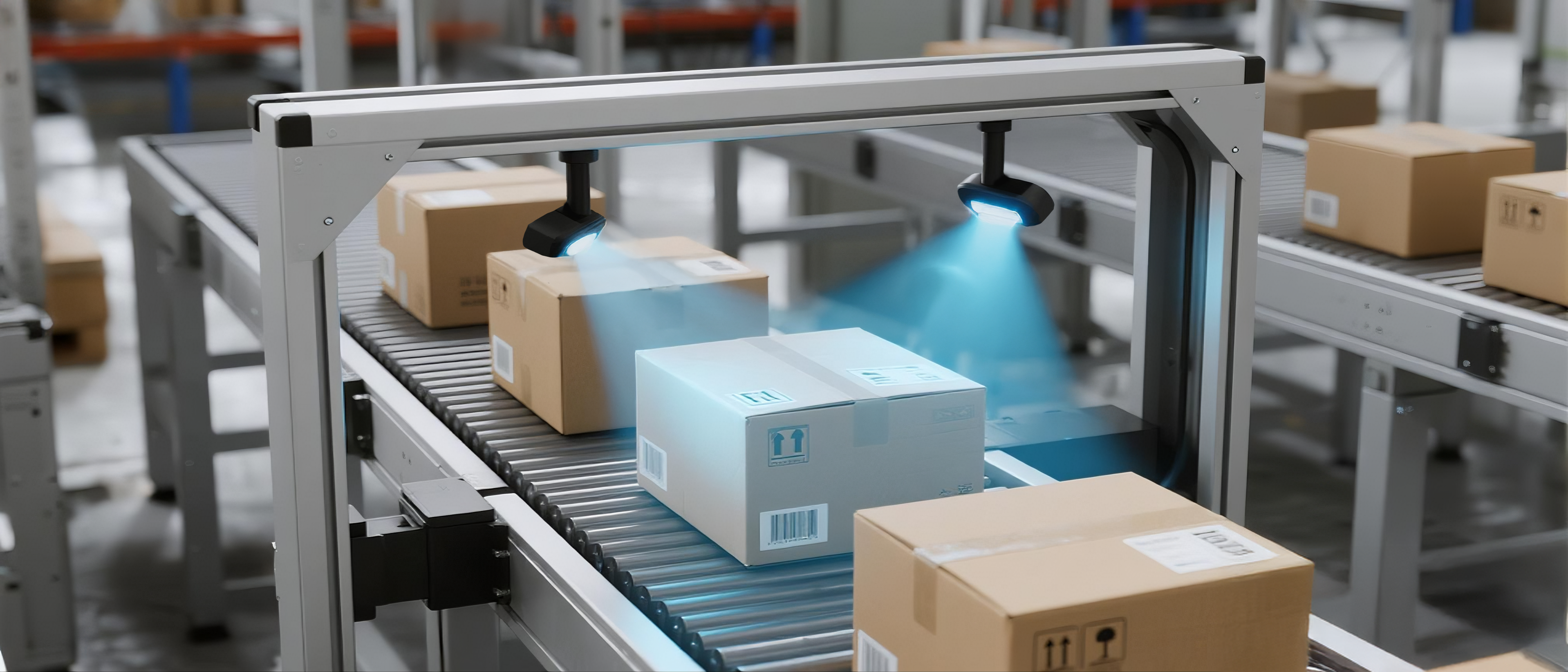 Automated package scanning system with blue laser sensors detecting cardboard boxes on roller conveyor belt in modern warehouse facility, featuring smart logistics technology, barcode scanning automation, package sorting operations, distribution center equipment, and intelligent material handling for efficient supply chain management and e-commerce fulfillment operations