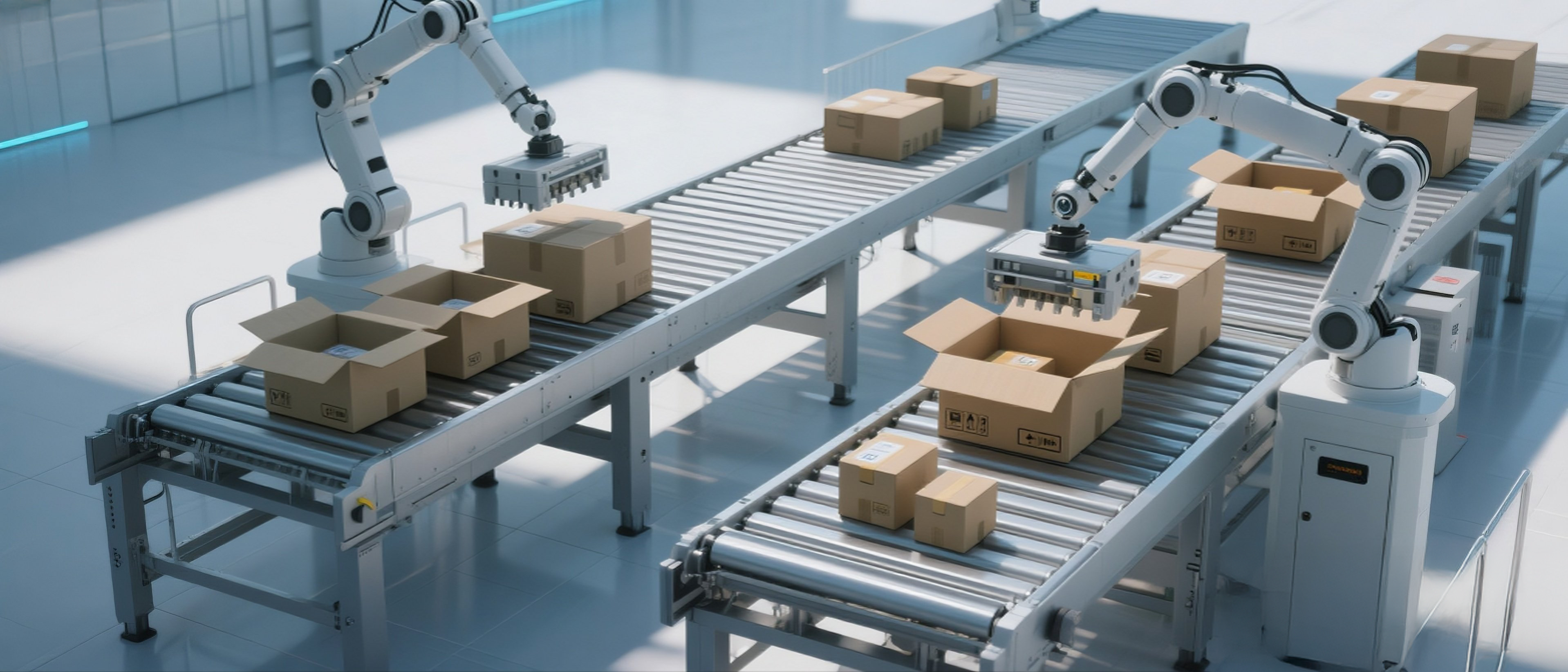 Automated robotic pick-and-place system with dual industrial robot arms handling cardboard packages on roller conveyor belt in modern smart warehouse facility, featuring precision automation technology, package sorting operations, logistics automation, and intelligent material handling for efficient supply chain management and distribution center operations