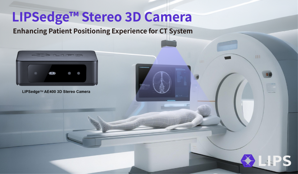 LIPSedge Stereo 3D Camera medical imaging system featuring AE400 3D stereo camera technology for enhanced patient positioning in CT scan environments, showing white CT scanner with patient table, purple projection display demonstrating real-time 3D positioning guidance, and compact black stereo camera device designed to improve CT system workflow efficiency and patient positioning accuracy in modern healthcare facilities