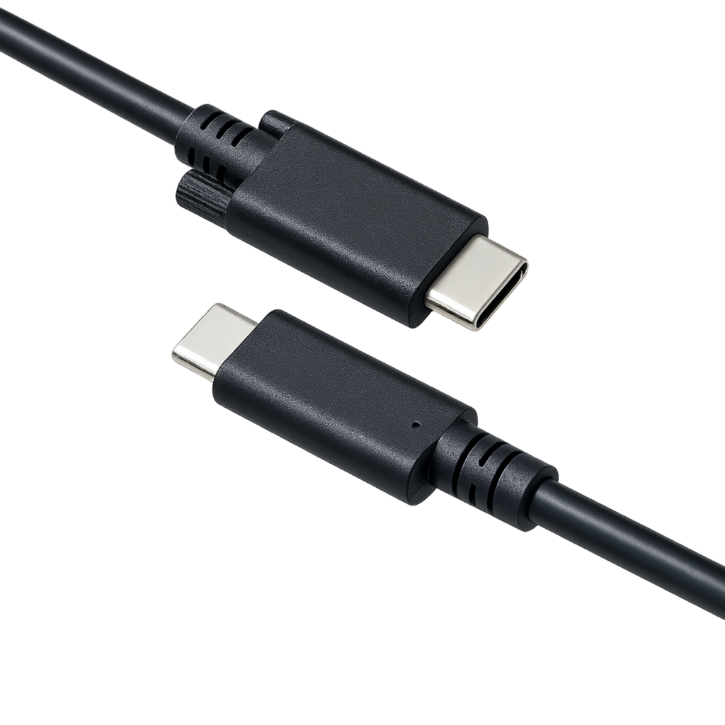Black USB-C to USB-C cable with metallic connectors on dark background, featuring high-speed data transfer technology, universal charging compatibility, reversible connector design, premium build quality for smartphones, laptops, tablets, and modern electronic devices with USB Type-C ports
