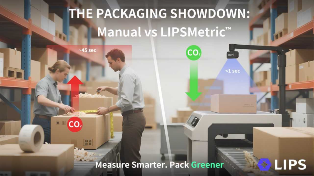 Packaging efficiency comparison infographic showing warehouse workers manually packaging boxes in 45 seconds with high CO2 emissions versus LIPS automated packaging system completing tasks in under 1 second with reduced carbon footprint, promoting "Measure Smarter, Pack Greener" sustainability solutions