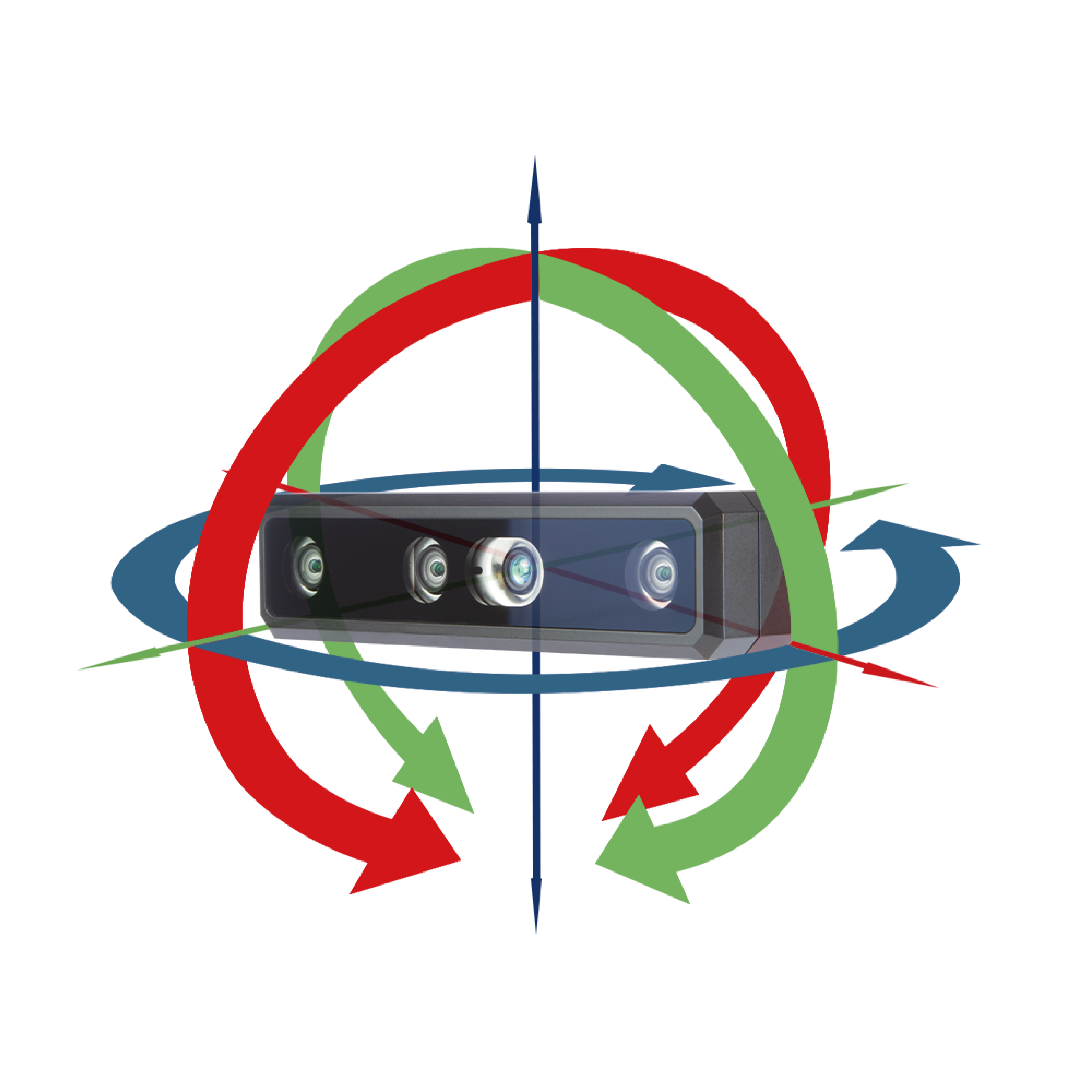 Advanced multi-camera sensor module with four lens array surrounded by colorful directional arrows and orbital rings, representing 360-degree computer vision technology, depth sensing capabilities, stereo imaging systems, autonomous navigation sensors, machine learning perception, and multi-directional object detection for robotics and AI applications