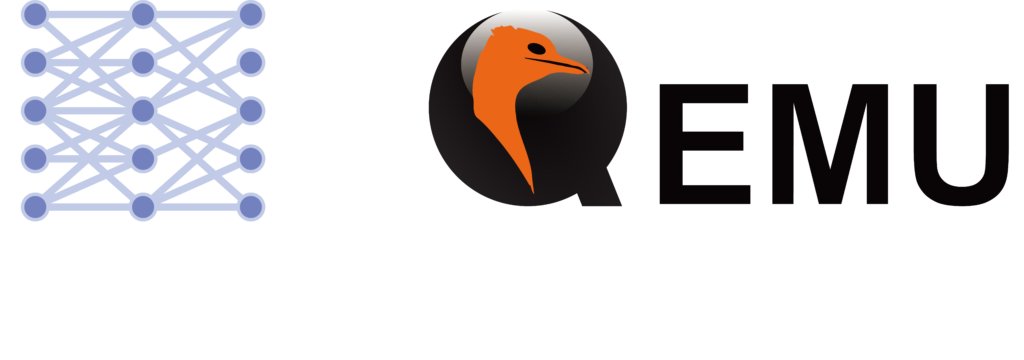 Neural network diagram with interconnected nodes and QEMU emulator logo showcasing artificial intelligence machine learning architecture, system virtualization technology, deep learning inference processing, computer emulation software, virtual machine management, and advanced computing infrastructure for AI model deployment and system virtualization solutions