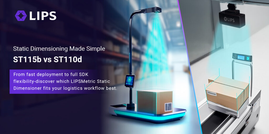 LIPS promotional banner comparing the ST115b and ST110d static dimensioning systems, illustrating both a standalone workstation and an integrated conveyor scanning setup for logistics automation.