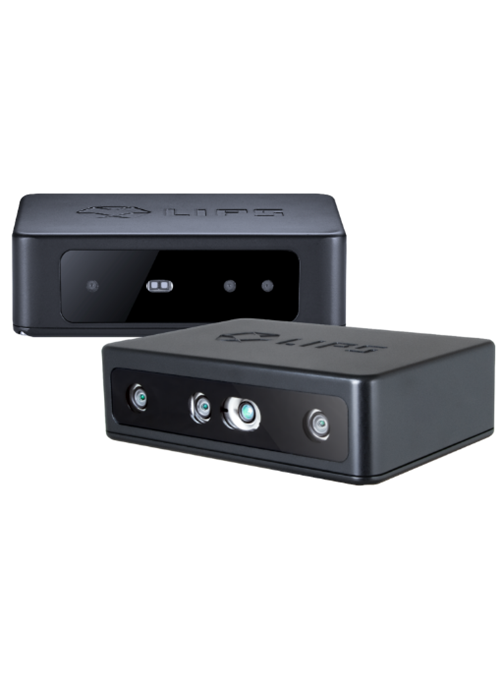 Two black LIPS industrial 3D stereo cameras shown from a perspective view, with one displaying its four precision optical lenses and the other featuring a protective glass-fronted housing, both with the embossed LIPS logo on top.