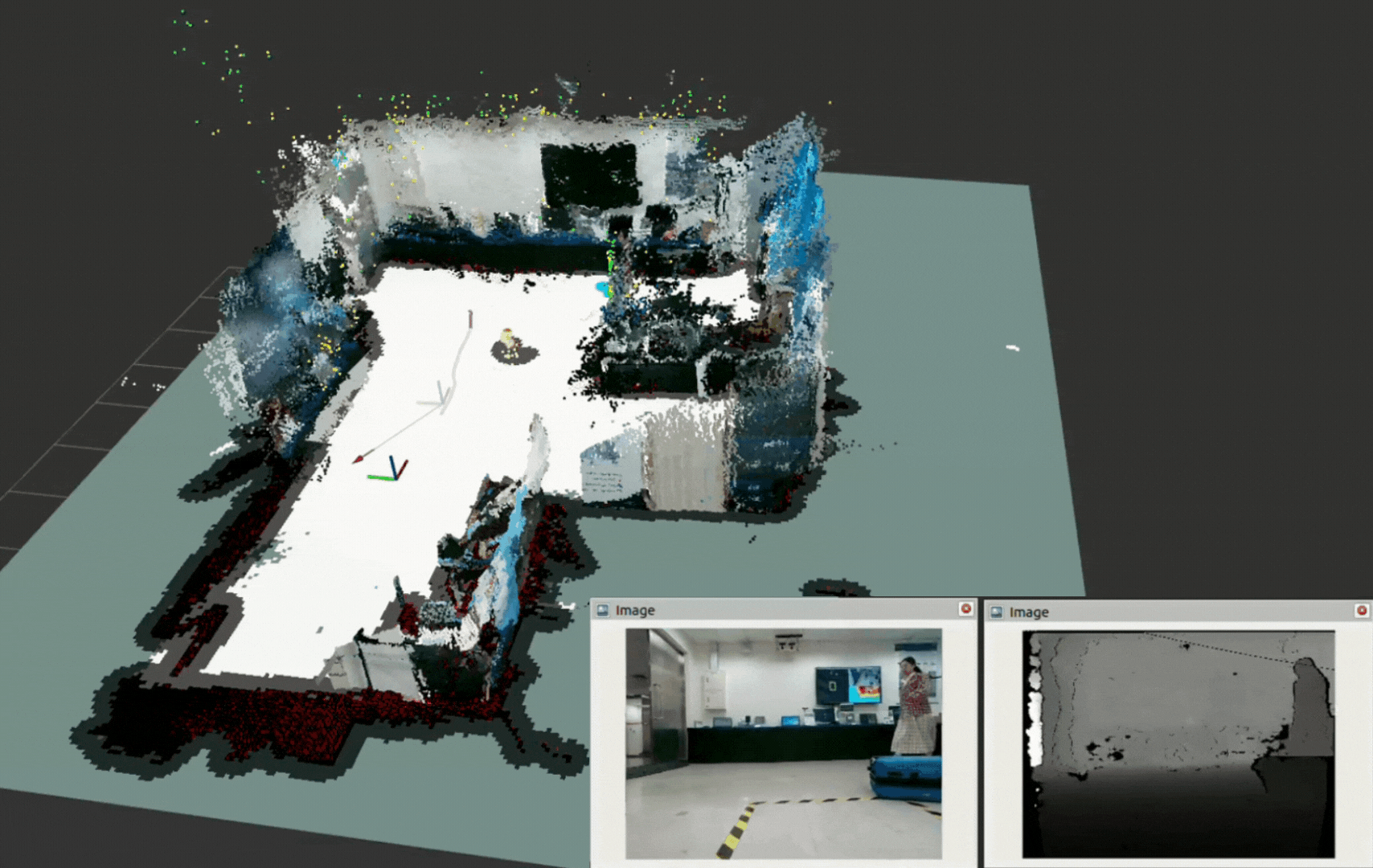 A real-time 3D spatial mapping and SLAM (Simultaneous Localization and Mapping) visualization, featuring a dense 3D point cloud reconstruction of an indoor environment alongside synchronized RGB and depth map previews.