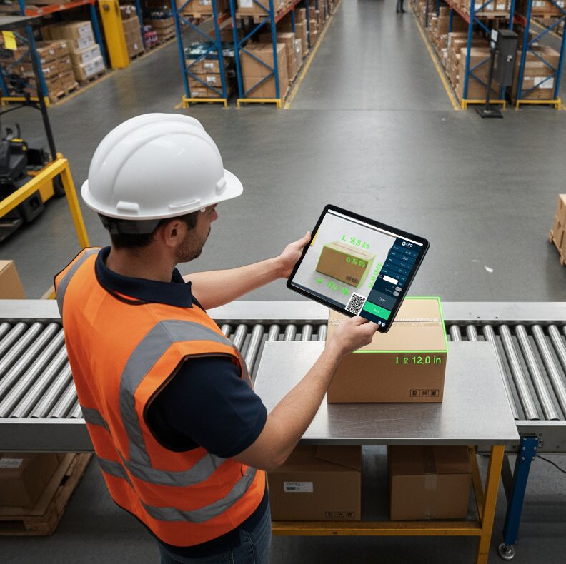 A warehouse worker using a handheld tablet with LIPSMetric™ technology to accurately measure the dimensions of a parcel on a scale, demonstrating the efficiency of mobile 3D dimensioning in a modern logistics environment.