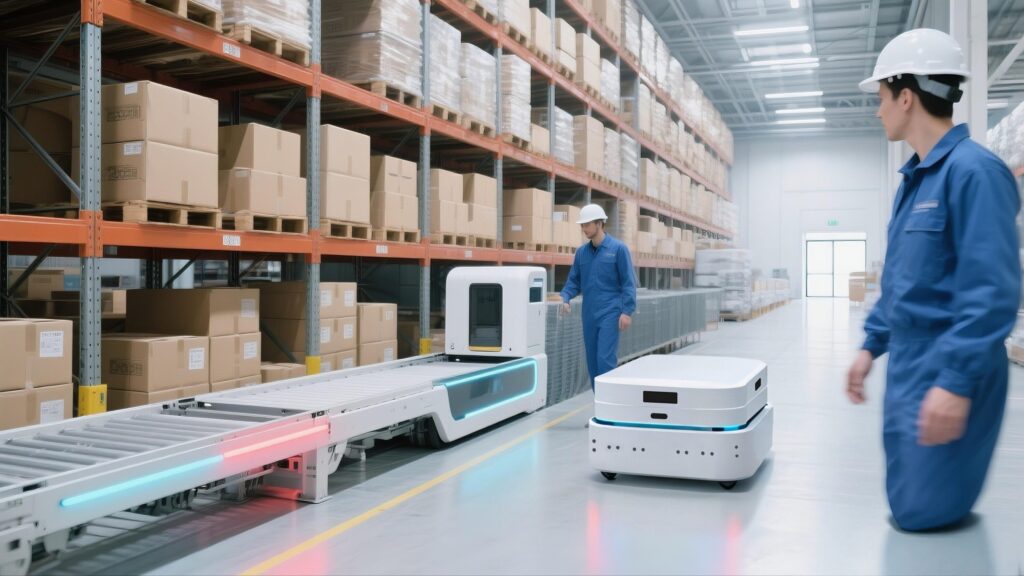 Warehouse workers in safety gear operating alongside autonomous mobile robots (AMRs) and smart conveyor systems in a modern, highly automated logistics distribution center.