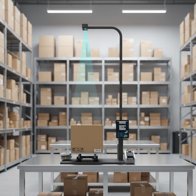 A LIPSMetric™ Static Dimensioner in a warehouse setting, featuring an overhead 3D sensor measuring a parcel on a scale, with an integrated interface tablet and label printer for automated logistics processing.