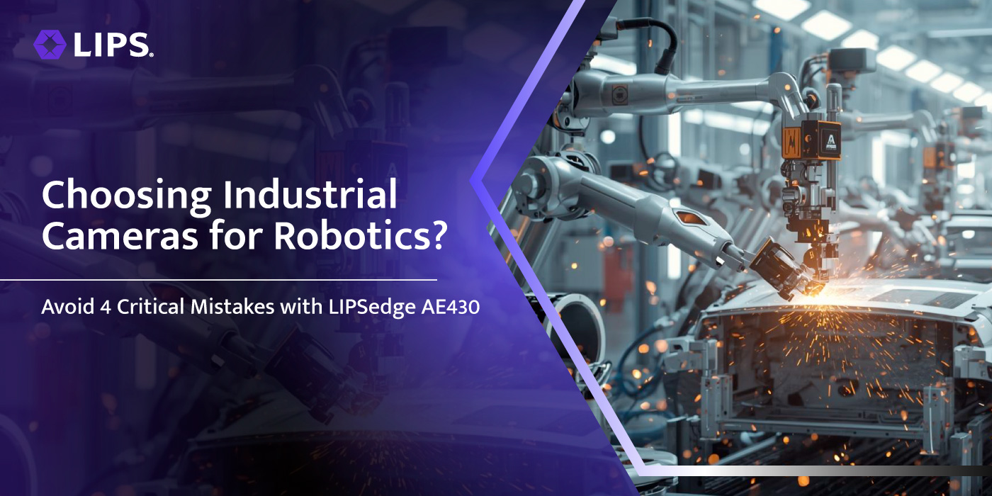 Marketing banner titled "Choosing Industrial Cameras for Robotics?" featuring automated robotic arms in an industrial manufacturing facility, promoting the LIPSedge AE430.