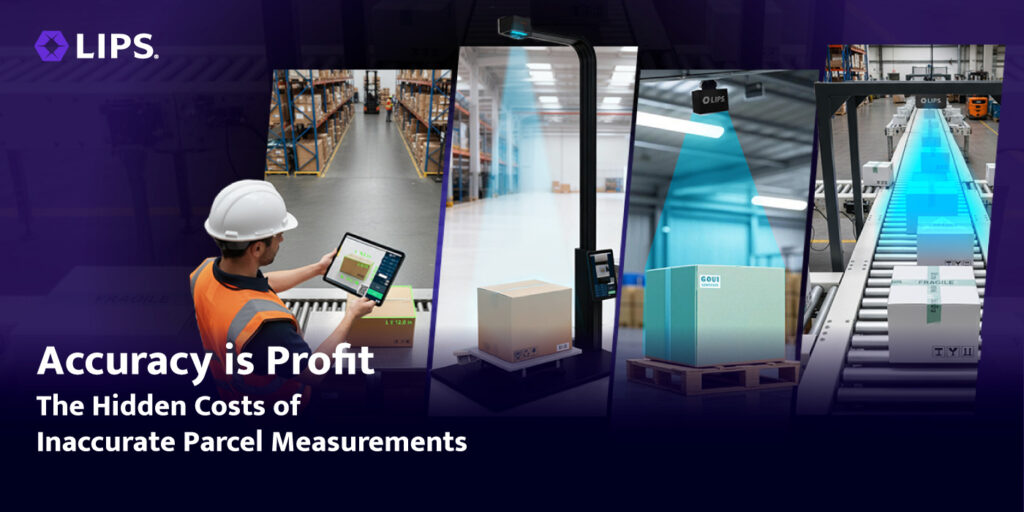 LIPS logistics promotional banner titled "Accuracy is Profit," featuring a warehouse worker and automated 3D parcel dimensioning systems scanning boxes with blue light beams on scales and conveyor belts.