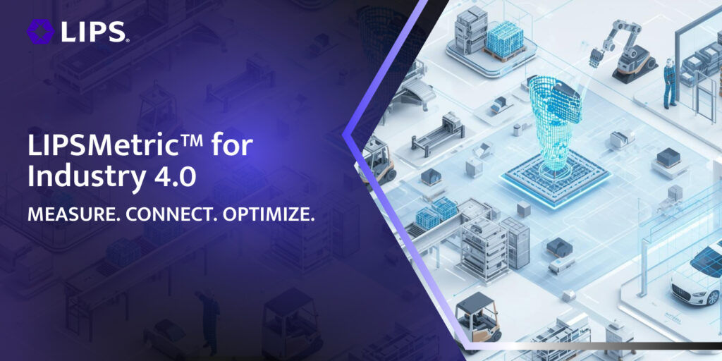 Promotional banner for LIPSMetric™ for Industry 4.0, featuring the tagline "MEASURE. CONNECT. OPTIMIZE." and a detailed 3D isometric illustration of a smart factory and logistics environment with integrated automated measurement and robotic systems.
