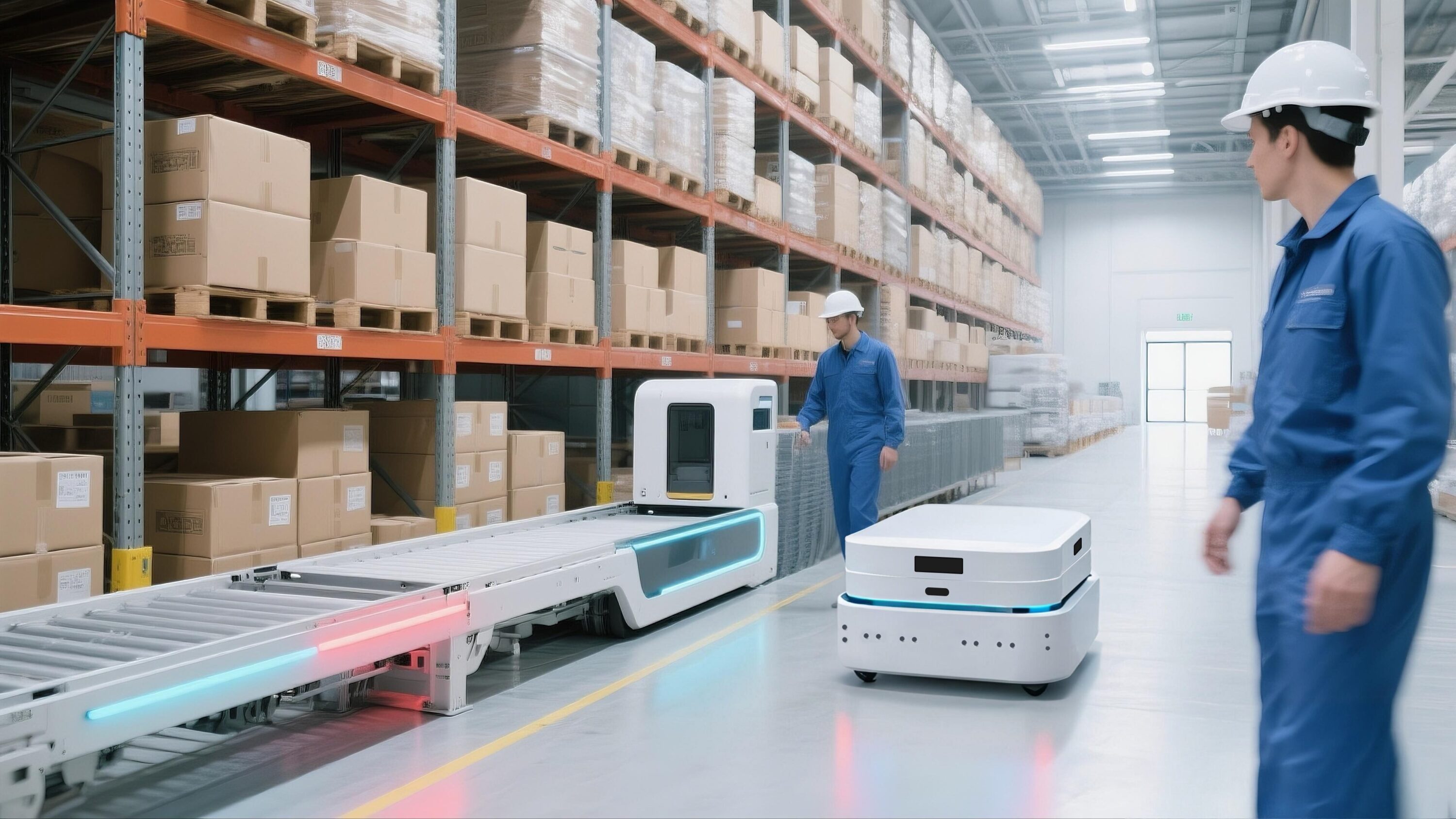 Modern industrial warehouse featuring human workers and autonomous mobile robots (AMRs) operating alongside automated conveyor systems, illustrating smart logistics and human-robot collaboration in a factory setting.