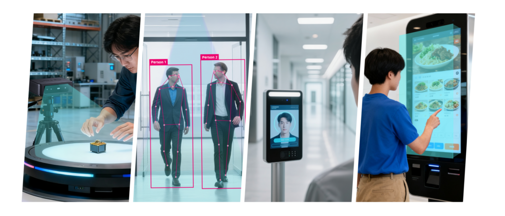 Composite graphic showcasing LIPS Corporation's diverse 3D vision applications, including industrial 3D scanning, real-time skeletal tracking for people identification, facial recognition for access control, and interactive touch-screen kiosks.