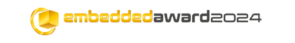 Official logo for the Embedded Award 2024, featuring a golden cube emblem and modern typography representing excellence in embedded systems and technology.