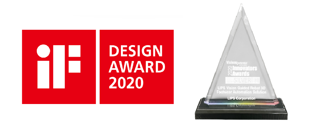 The iF Design Award 2020 logo presented next to a Vision Systems Design Innovators Awards Silver trophy for LIPS Corporation's 3D Footwear Automation Solution.