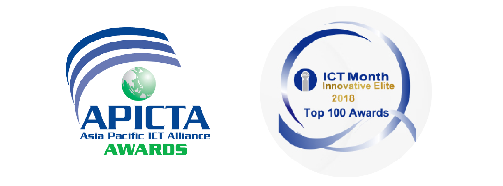Side-by-side logos for the APICTA Asia Pacific ICT Alliance Awards and the 2018 ICT Month Innovative Elite Top 100 Awards, symbolizing recognition in technology innovation.