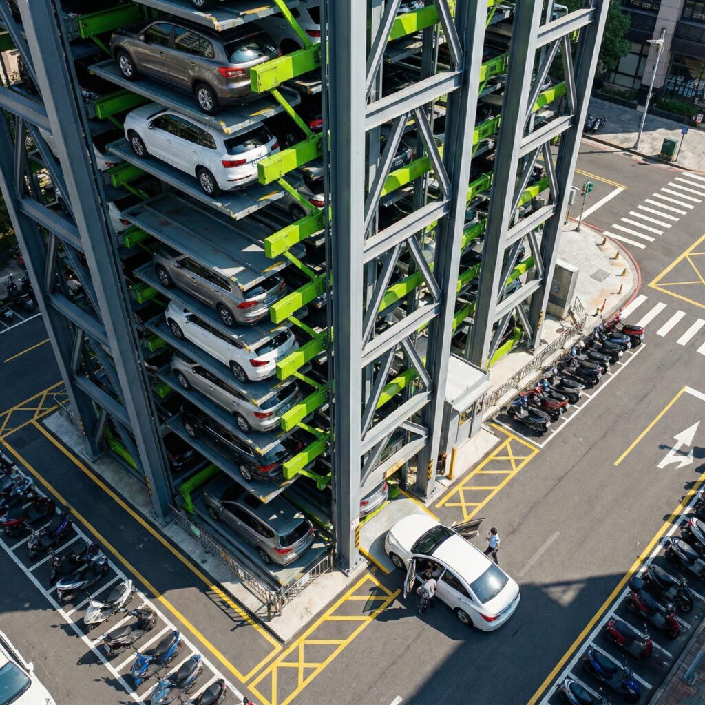 Technical schematic of a gray sedan being scanned by four "AE450" sensor units; three overhead sensors project green beams onto the car body, while a fourth sensor is positioned on the floor near the rear wheel. Computer vision visualization showing a silver electric vehicle enclosed in a green 3D bounding box as it approaches a yellow automated barrier arm at a parking garage entrance. Nighttime air freight logistics scene featuring a high-loader scissor lift raising netted cargo pallets into the open main deck side door of a Lufthansa Cargo aircraft on the tarmac. Panoramic view of a busy urban construction site featuring multiple orange excavators performing earthworks on muddy terrain, with stockpiles of black pipes and yellow barrels against a city skyline. Highway tunnel entrance featuring an arched concrete canopy and overhead digital lane control signals displaying red 'X's, an "80" km/h speed limit, and a green arrow above the active lane. Highway tunnel entrance featuring an arched concrete canopy and overhead digital lane control signals displaying red 'X's, an "80" km/h speed limit, and a green arrow above the active lane. Visualization of an automated mechanical parking system showing a gray sedan entering a ground-level lift bay guided by blue holographic arrows, with vehicles stored on multi-level green steel racks above. Smart parking assist visualization showing a black SUV reversing into a parking space overlooking a city, featuring a blue holographic trajectory grid and rear sensor detection waves. Front view of a black sedan inside an automatic car wash, featuring blue and black rotating brushes scrubbing the sides and overhead water jets spraying the windshield. Indoor parking garage scene featuring a white automated payment kiosk with a blue touchscreen standing next to a concrete pillar, with parked cars visible in the background. Smart security checkpoint visualization showing a white luxury sedan stopped at a yellow barrier gate, highlighted by a blue bounding box and scanned by green detection beams from two pole-mounted surveillance cameras. High-angle view of a vertical automated parking tower with a gray and green steel framework stacked with cars, featuring a white sedan loading passengers at the ground entrance next to a street with scooter parking zones.
