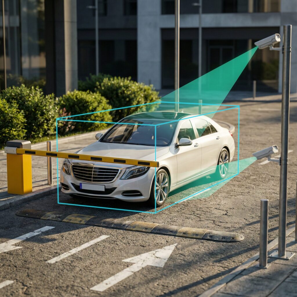 Technical schematic of a gray sedan being scanned by four "AE450" sensor units; three overhead sensors project green beams onto the car body, while a fourth sensor is positioned on the floor near the rear wheel. Computer vision visualization showing a silver electric vehicle enclosed in a green 3D bounding box as it approaches a yellow automated barrier arm at a parking garage entrance. Nighttime air freight logistics scene featuring a high-loader scissor lift raising netted cargo pallets into the open main deck side door of a Lufthansa Cargo aircraft on the tarmac. Panoramic view of a busy urban construction site featuring multiple orange excavators performing earthworks on muddy terrain, with stockpiles of black pipes and yellow barrels against a city skyline. Highway tunnel entrance featuring an arched concrete canopy and overhead digital lane control signals displaying red 'X's, an "80" km/h speed limit, and a green arrow above the active lane. Highway tunnel entrance featuring an arched concrete canopy and overhead digital lane control signals displaying red 'X's, an "80" km/h speed limit, and a green arrow above the active lane. Visualization of an automated mechanical parking system showing a gray sedan entering a ground-level lift bay guided by blue holographic arrows, with vehicles stored on multi-level green steel racks above. Smart parking assist visualization showing a black SUV reversing into a parking space overlooking a city, featuring a blue holographic trajectory grid and rear sensor detection waves. Front view of a black sedan inside an automatic car wash, featuring blue and black rotating brushes scrubbing the sides and overhead water jets spraying the windshield. Indoor parking garage scene featuring a white automated payment kiosk with a blue touchscreen standing next to a concrete pillar, with parked cars visible in the background. Smart security checkpoint visualization showing a white sedan entering a facility, highlighted by a blue bounding box and scanned by two pole-mounted surveillance cameras projecting a green detection beam.