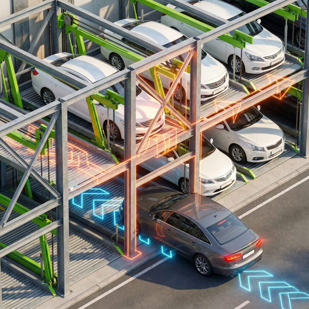 Technical diagram of a gray sedan illustrating a floor-mounted "L215u" sensor unit near the rear wheel projecting a green under-vehicle detection zone. Technical schematic showing a gray sedan being scanned by four synchronized "AE450" sensor units, with three overhead scanners projecting green beams and one floor-mounted unit near the rear tire. Computer vision visualization showing a white electric vehicle detected within a green 3D bounding box as it approaches a yellow automated barrier at a smart parking garage entrance. Nighttime air freight logistics scene featuring a Lufthansa Cargo aircraft on the tarmac, with a high-loader scissor lift raising palletized cargo into the open main deck side door. Wide-angle view of a busy urban construction site featuring multiple orange excavators and dump trucks performing earthworks in mud, surrounded by stockpiles of black pipes and yellow barrels against a city skyline. Highway tunnel entrance featuring an arched concrete canopy and overhead digital lane control signals displaying red 'X's, an "80" km/h speed limit, and a green arrow above the active lane for an entering vehicle. Highway tunnel entrance featuring an arched concrete canopy and overhead digital lane control signals displaying red 'X's, an "80" km/h speed limit, and a green arrow above the active lane for an entering vehicle. Automated mechanical parking system visualization showing a dark gray sedan entering a ground-level lift bay guided by blue holographic arrows, while white vehicles are stored on multi-level racks above with orange structural highlights.