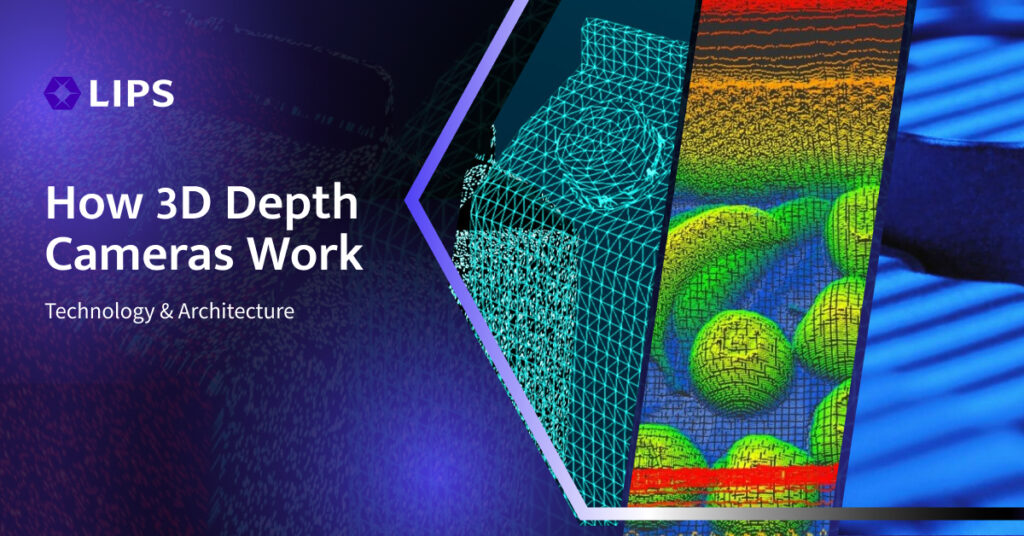 LIPS graphic titled "How 3D Depth Cameras Work," illustrating technology and architecture through three visual examples of depth sensing: a 3D wireframe mesh, a color-coded point cloud depth map, and a structured light pattern.