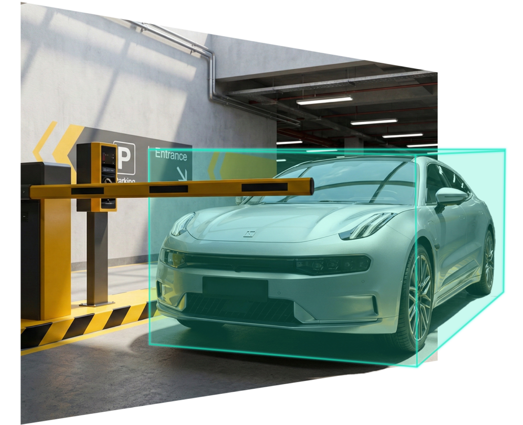 Automated vehicle detection system showing a white electric car enclosed in a green bounding box as it enters a parking garage and passes a yellow boom barrier.