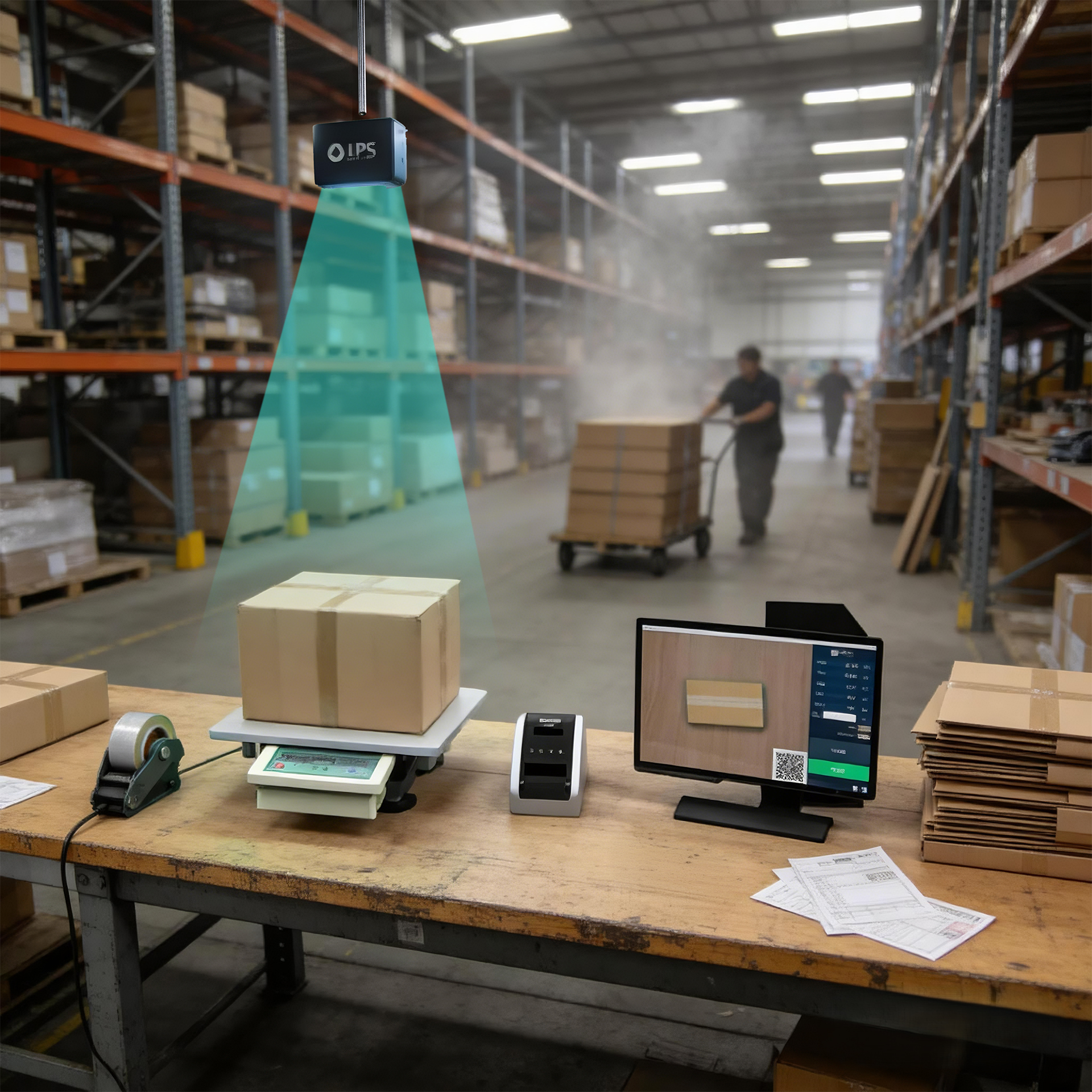 A LIPS industrial 3D depth camera mounted overhead scans a package on a workstation scale, with a computer monitor displaying the real-time dimensioning data and a warehouse worker in the background, illustrating an automated logistics and parcel dimensioning solution.
