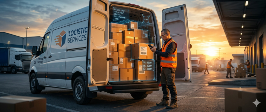 **Logistics automation scene featuring a worker operating a mobile device at the back of an open delivery van, with augmented digital bounding boxes illustrating real-time AI parcel dimensioning and 3D volume measurement of stacked cargo at a distribution hub.**
