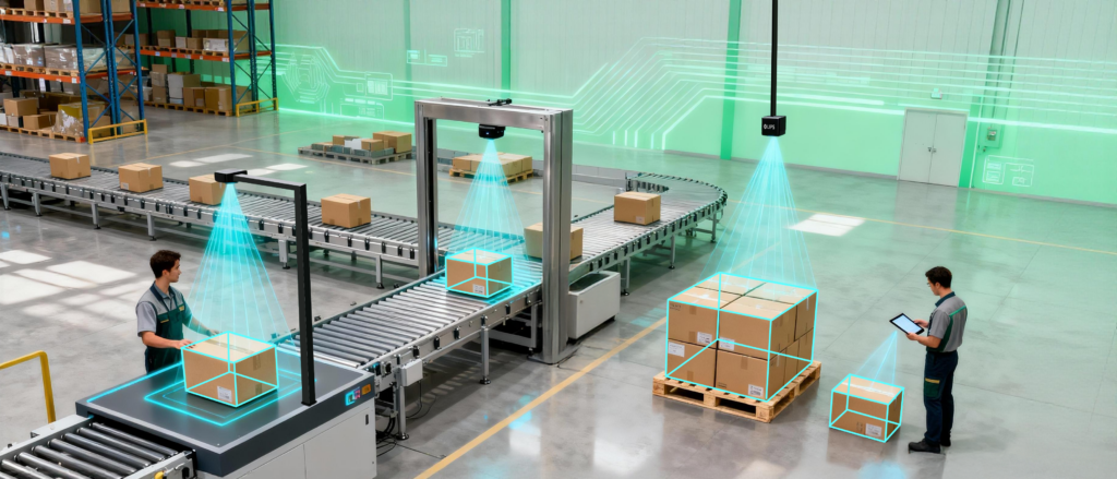 **Smart logistics warehouse scene demonstrating an automated dimensioning system, featuring overhead 3D cameras projecting blue digital light cones to map bounding boxes and accurately measure the volume of parcels on conveyor belts and pallets, while workers monitor the AI-driven process.**