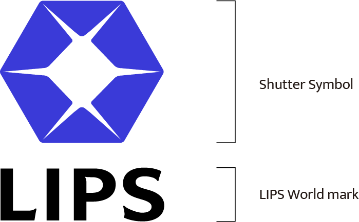 **LIPS corporate brand guidelines illustrating the anatomy of the vertical logo structure, identifying the blue hexagonal Shutter Symbol and the primary black typography as the LIPS Wordmark to establish core enterprise brand identity.**