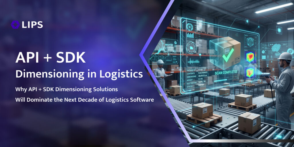 **LIPS promotional banner for "API + SDK Dimensioning in Logistics," illustrating a high-tech warehouse scene where a worker uses 3D machine vision and digital AR overlays to automatically scan and measure packages on a conveyor belt, highlighting the future of logistics software.**