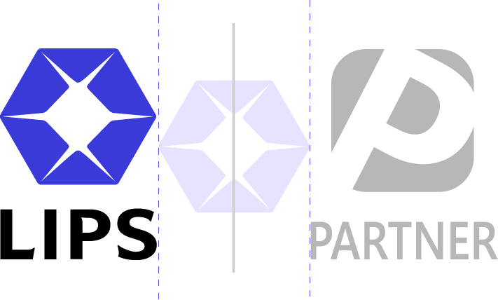 **LIPS corporate brand guidelines illustrating co-branding logo placement rules, demonstrating the required clear space and the proper use of a vertical dividing line—measured by the LIPS hexagonal icon—between the LIPS logo and a partner logo to maintain enterprise brand identity.**