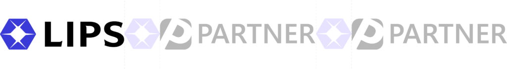 **LIPS corporate brand guidelines illustrating horizontal co-branding logo placement rules, demonstrating the required clear space—defined by the width of the LIPS hexagonal icon—between the LIPS logo and a partner logo to maintain enterprise brand identity.**