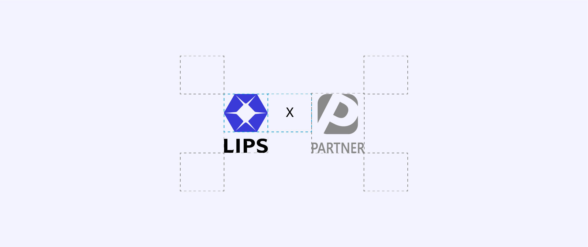 LIPS Partner Network Brand Guideline 17 **LIPS corporate brand guidelines illustrating co-branding logo placement rules, demonstrating the required clear space and alignment when pairing the LIPS logo with a partner logo.**