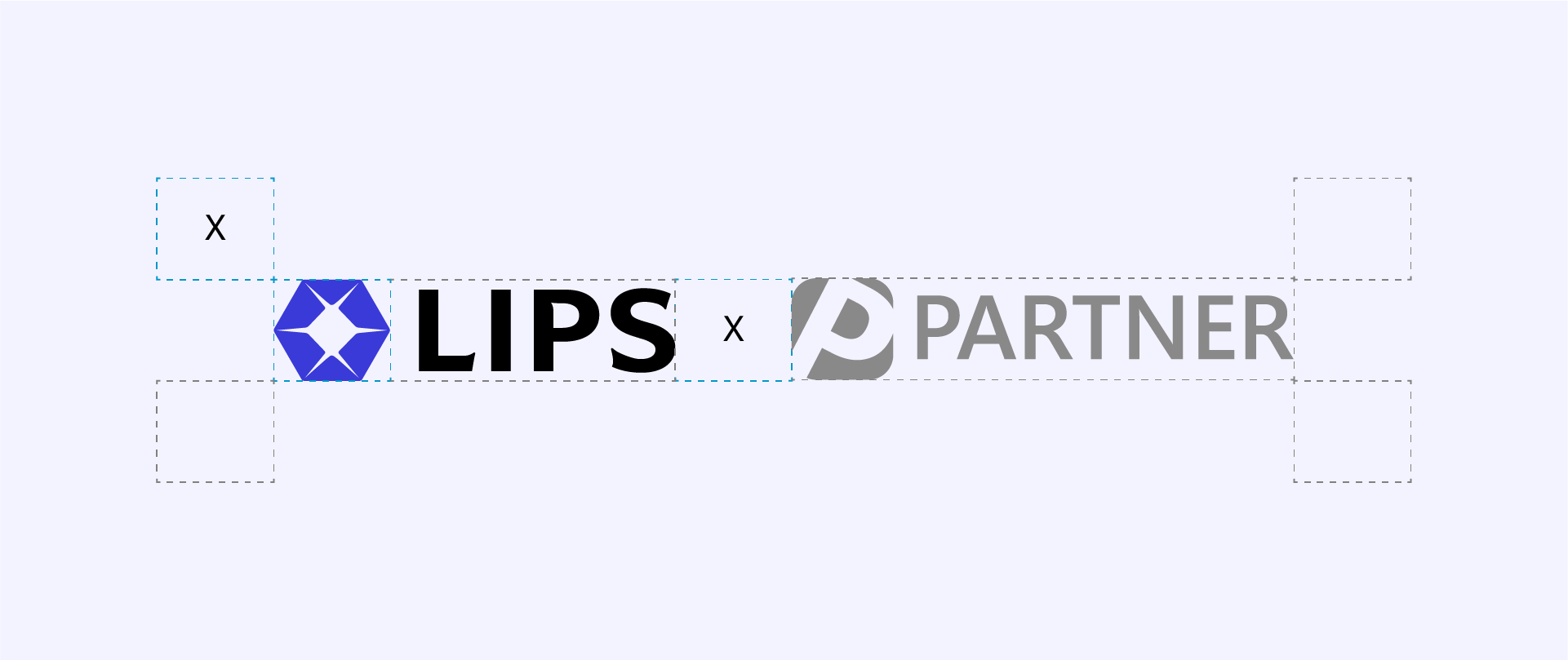 LIPS Partner Network Brand Guideline 16 **LIPS corporate brand guidelines illustrating horizontal co-branding logo placement rules, demonstrating the required clear space and alignment when pairing the LIPS logo with a partner logo.**