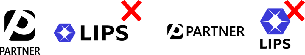 **LIPS corporate brand guidelines illustrating prohibited co-branding logo placements, marked with red crosses to demonstrate incorrect scaling and disproportionate sizing between the partner and LIPS logos, enforcing proper enterprise brand identity.**