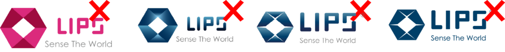 **LIPS corporate brand guidelines illustrating prohibited logo usages, including unauthorized color palettes, gradient applications, and incorrect typography, each marked with a red cross to ensure consistent enterprise brand identity.**