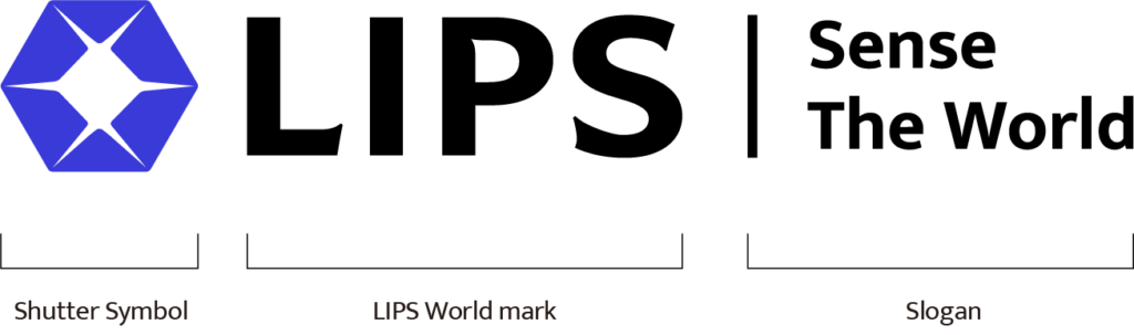 **LIPS corporate brand guidelines illustrating the anatomy of the horizontal logo structure, identifying the blue hexagonal Shutter Symbol, the primary typography as the LIPS Wordmark, and the "Sense The World" Slogan separated by a vertical line to establish core enterprise brand identity.**