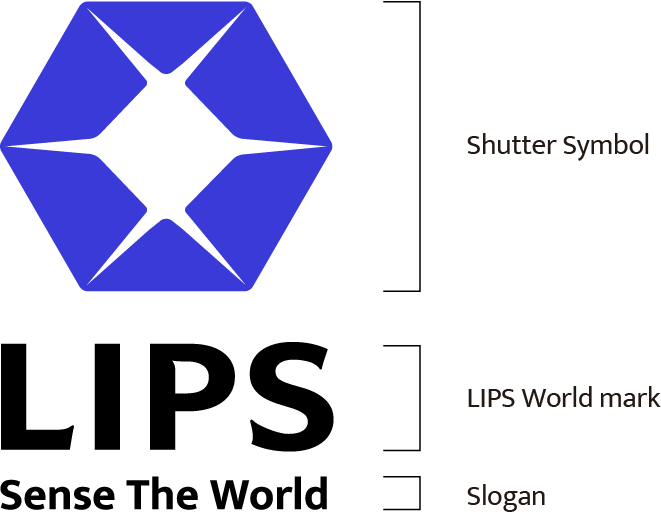 **LIPS corporate brand guidelines illustrating the anatomy of the vertical logo structure, identifying the blue hexagonal Shutter Symbol, the primary typography as the LIPS Wordmark, and the "Sense The World" Slogan to establish core enterprise brand identity.**