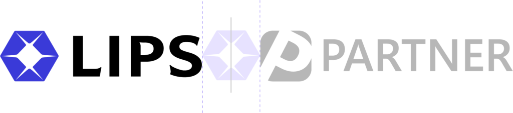 **LIPS corporate brand guidelines illustrating horizontal co-branding logo placement rules, demonstrating the required clear space and the proper use of a vertical dividing line—measured by the LIPS hexagonal icon—between the LIPS logo and a partner logo to maintain enterprise brand identity.**