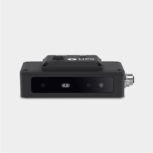 "Front view of a rugged LIPS 3D depth camera module, showcasing its multi-sensor front array and industrial black casing, designed for precision machine vision and edge AI applications."